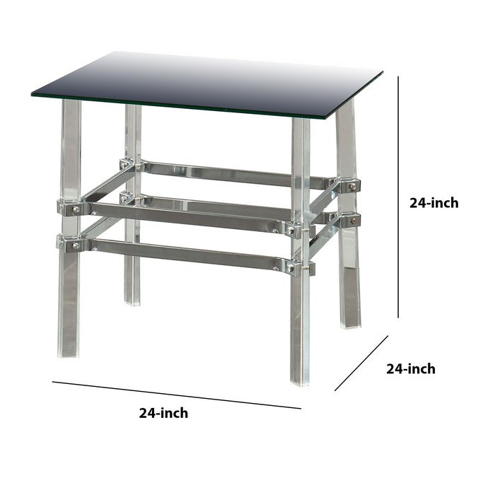 Square Glass and Metal End Table with Tubular Legs, Silver and Clear