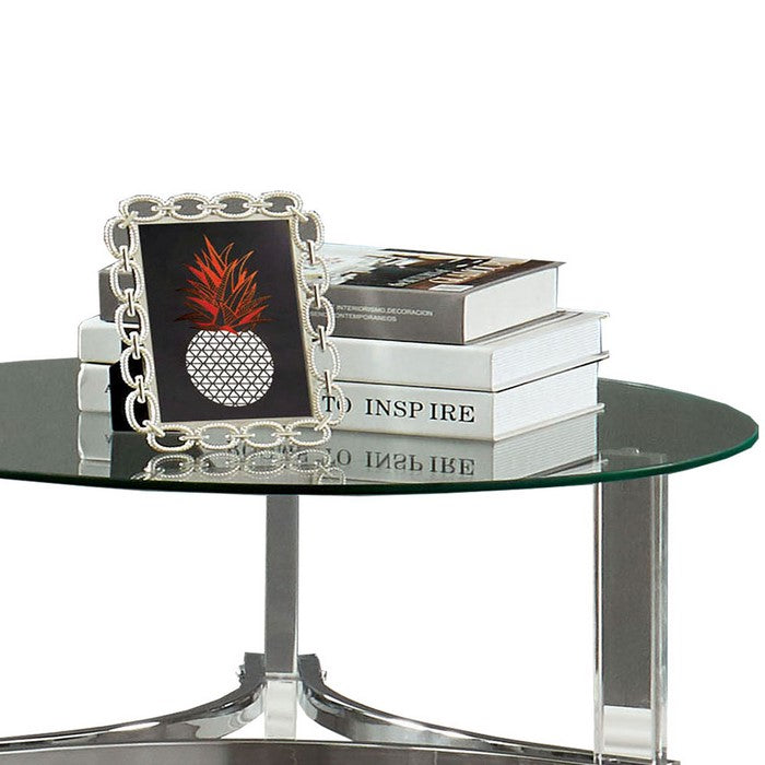 Round End Table with Acrylic Legs and Metal Supports, Silver and Clear