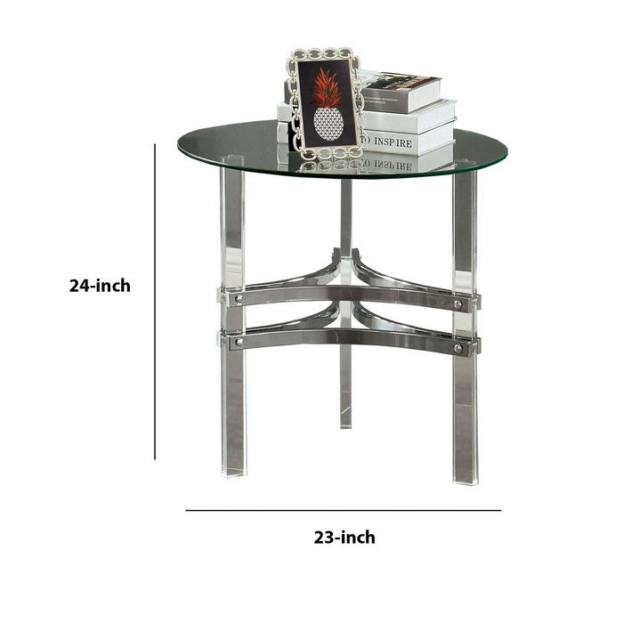 Round End Table with Acrylic Legs and Metal Supports, Silver and Clear