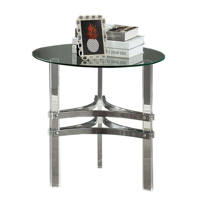 Round End Table with Acrylic Legs and Metal Supports, Silver and Clear