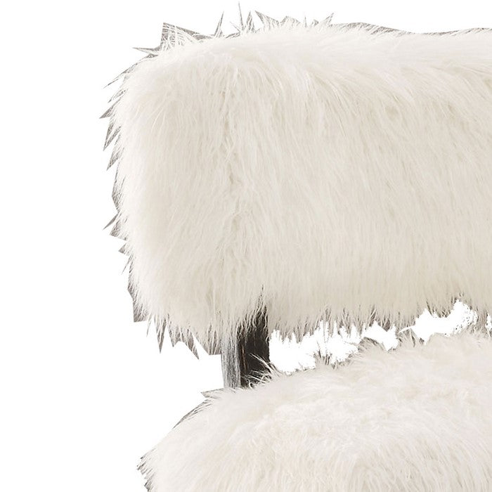 Faux Fur Upholstered Contemporary Wooden Accent Chair, White and Black