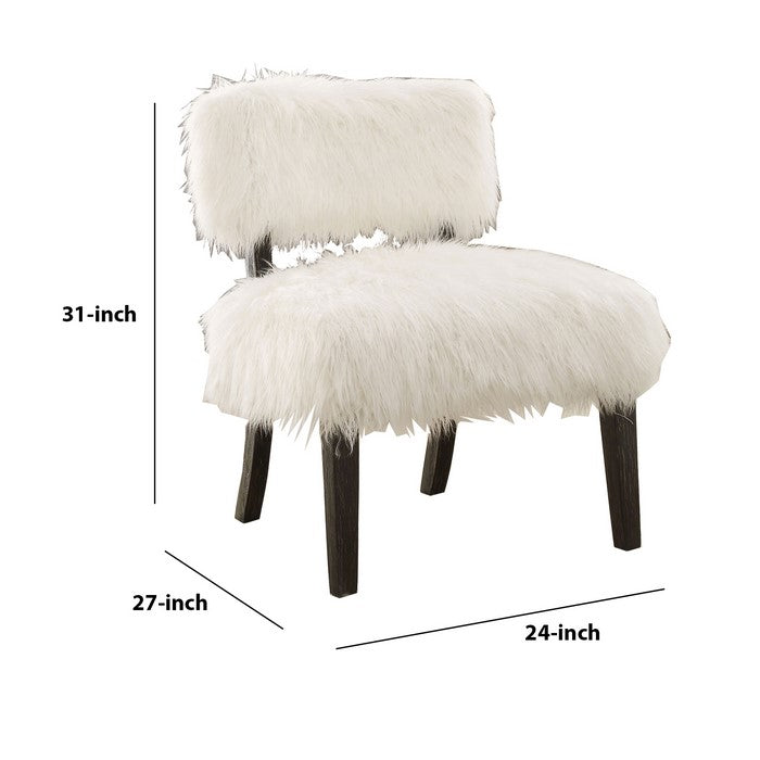 Faux Fur Upholstered Contemporary Wooden Accent Chair, White and Black
