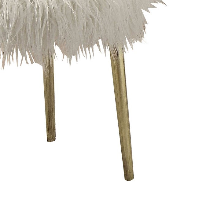 Faux Fur Upholstered Contemporary Metal Ottoman, White and Gold