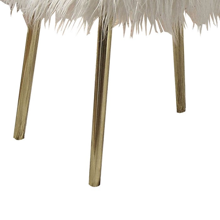 Faux Fur Upholstered Contemporary Metal Ottoman, White and Gold