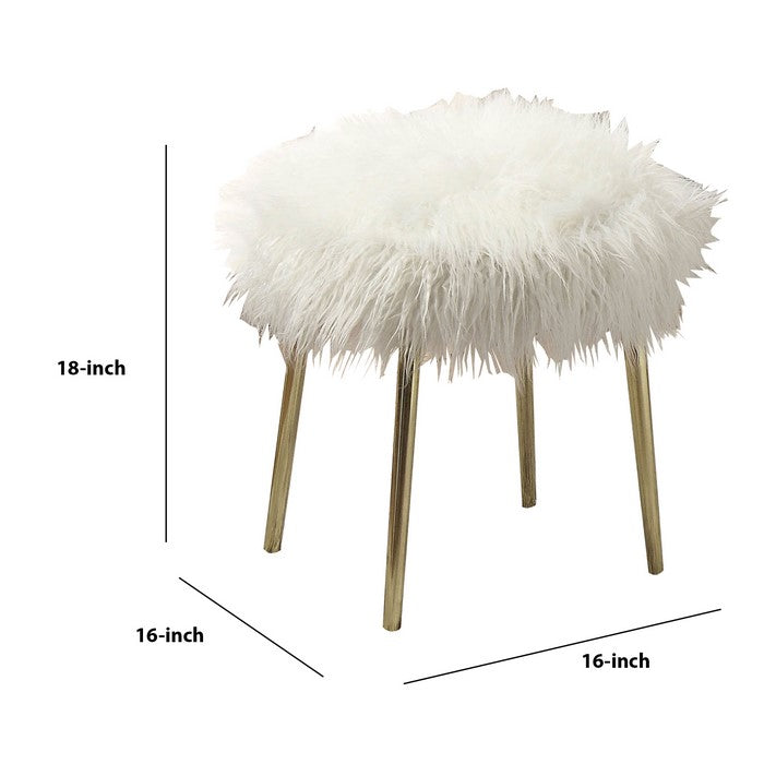 Faux Fur Upholstered Contemporary Metal Ottoman, White and Gold
