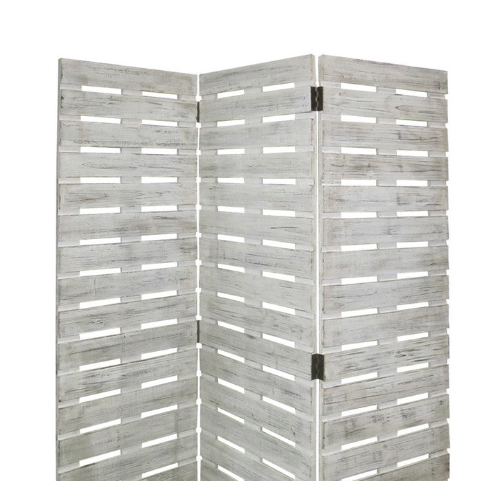 Textured 3 Panel Foldable Wooden Screen with Slats, Gray