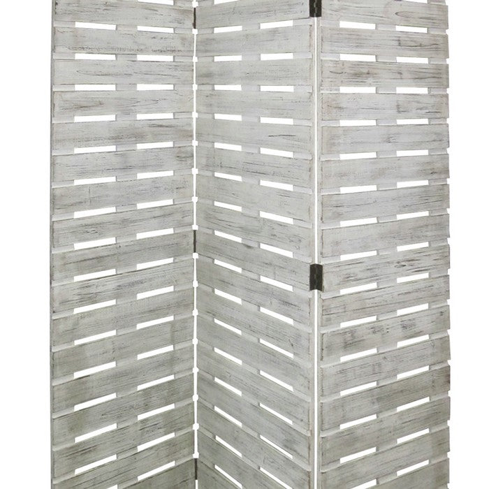 Textured 3 Panel Foldable Wooden Screen with Slats, Gray