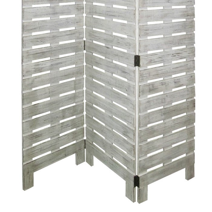 Textured 3 Panel Foldable Wooden Screen with Slats, Gray