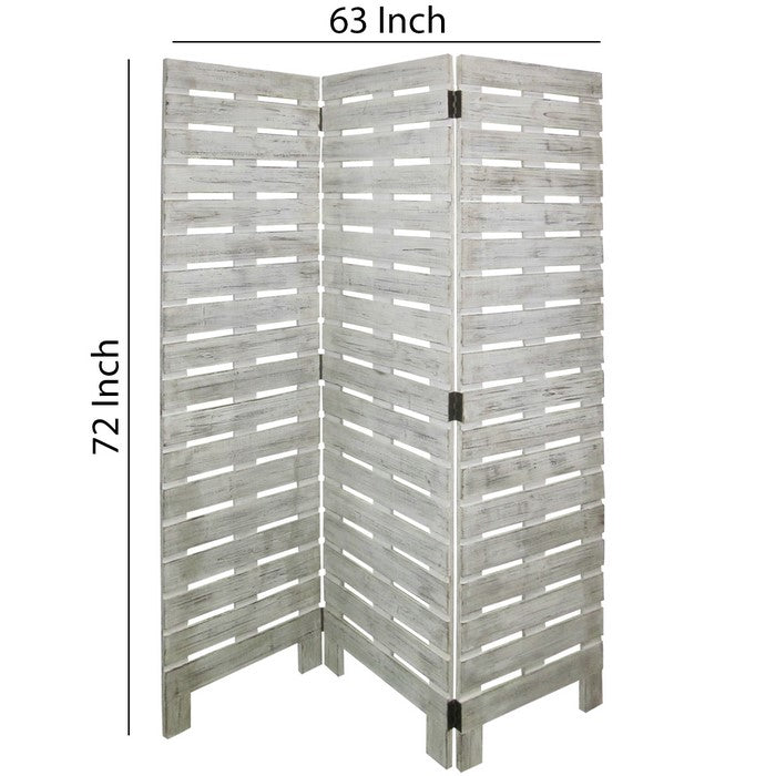 Textured 3 Panel Foldable Wooden Screen with Slats, Gray