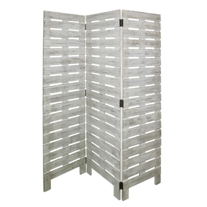 Textured 3 Panel Foldable Wooden Screen with Slats, Gray