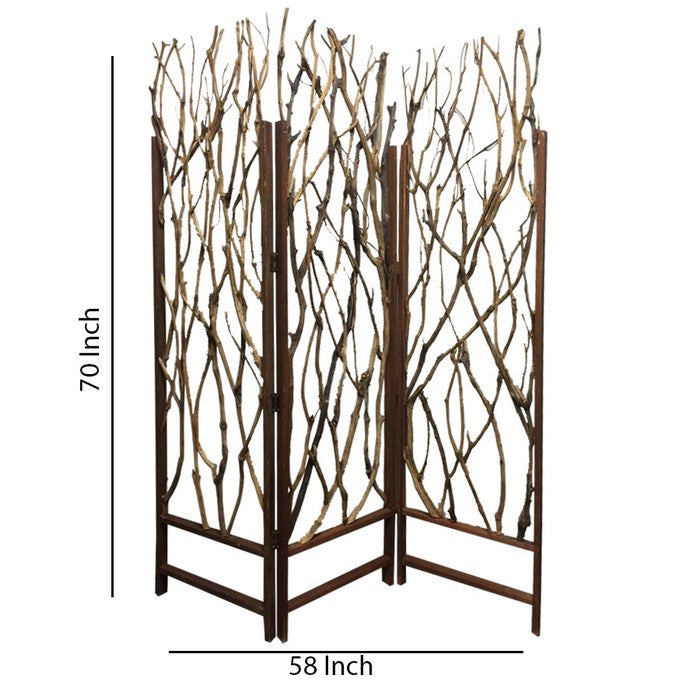 3 Panel Contemporary Foldable Wood Screen with Tree Branches, Brown