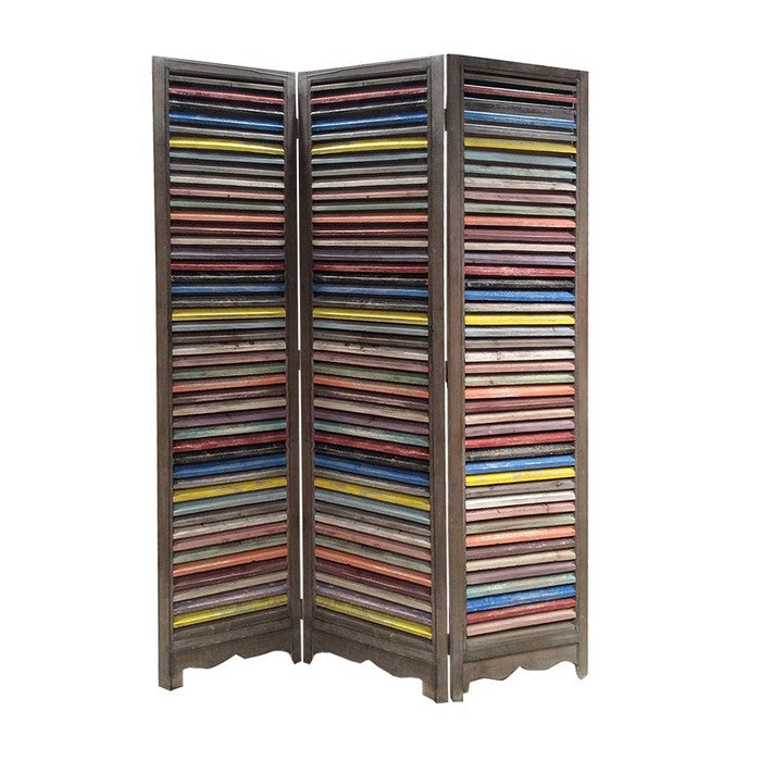 3 Panel Modern Style Foldable Wooden Shutter Screen, Multicolor