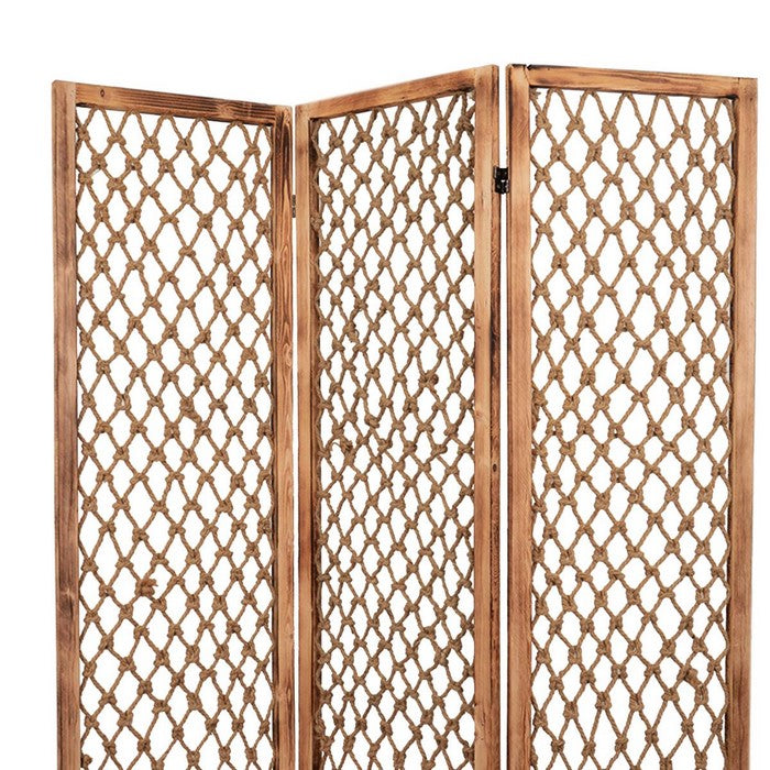 3 Panel Traditional Foldable Screen with Rope Knot Design, Brown