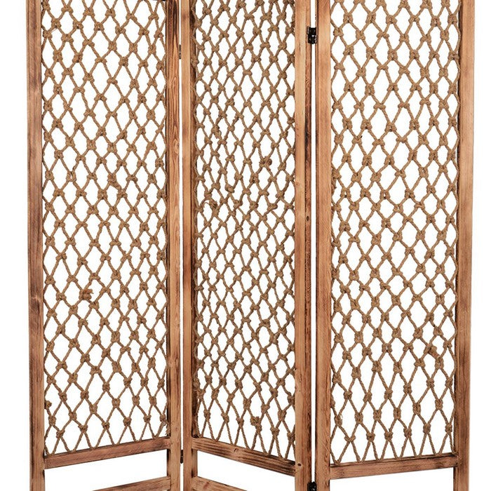 3 Panel Traditional Foldable Screen with Rope Knot Design, Brown