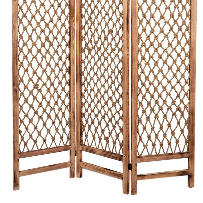 3 Panel Traditional Foldable Screen with Rope Knot Design, Brown