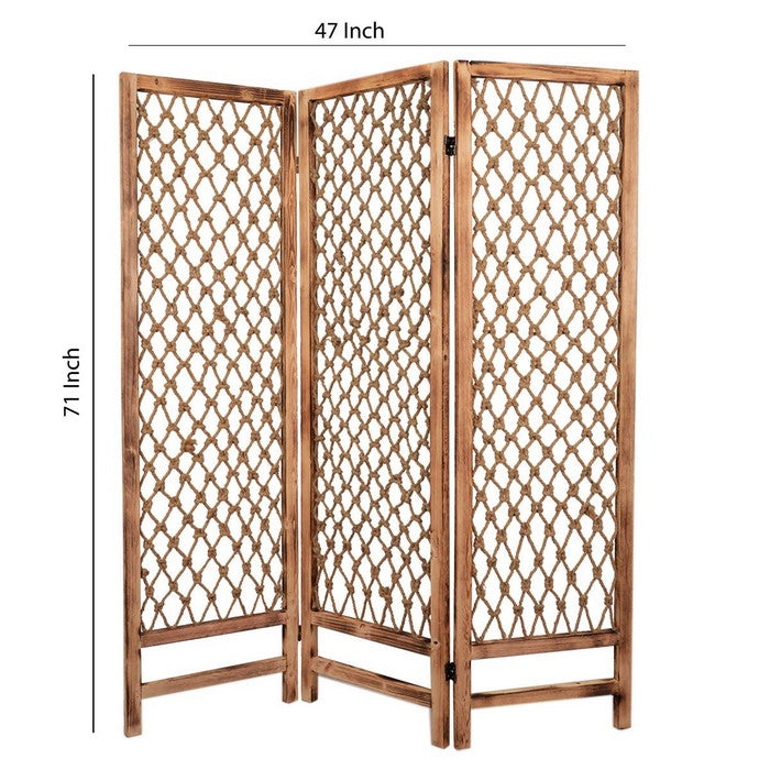 3 Panel Traditional Foldable Screen with Rope Knot Design, Brown