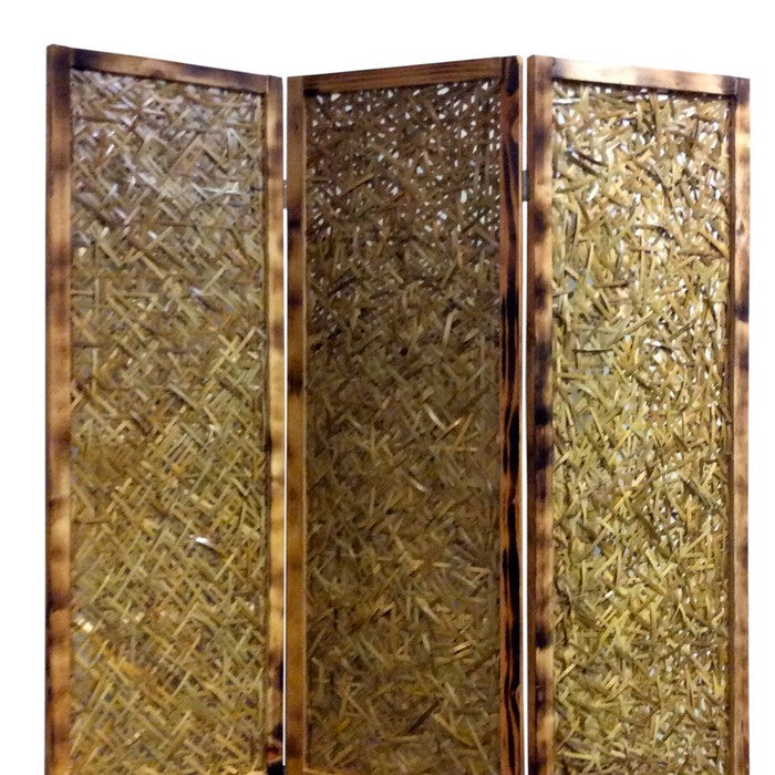 3 Panel Traditional Foldable Screen with Entwine Bamboo Design, Brown