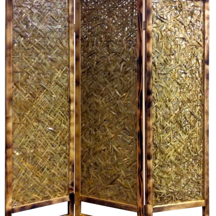 3 Panel Traditional Foldable Screen with Entwine Bamboo Design, Brown