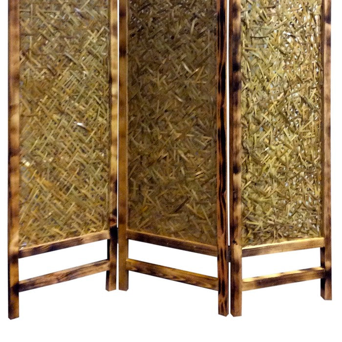 3 Panel Traditional Foldable Screen with Entwine Bamboo Design, Brown