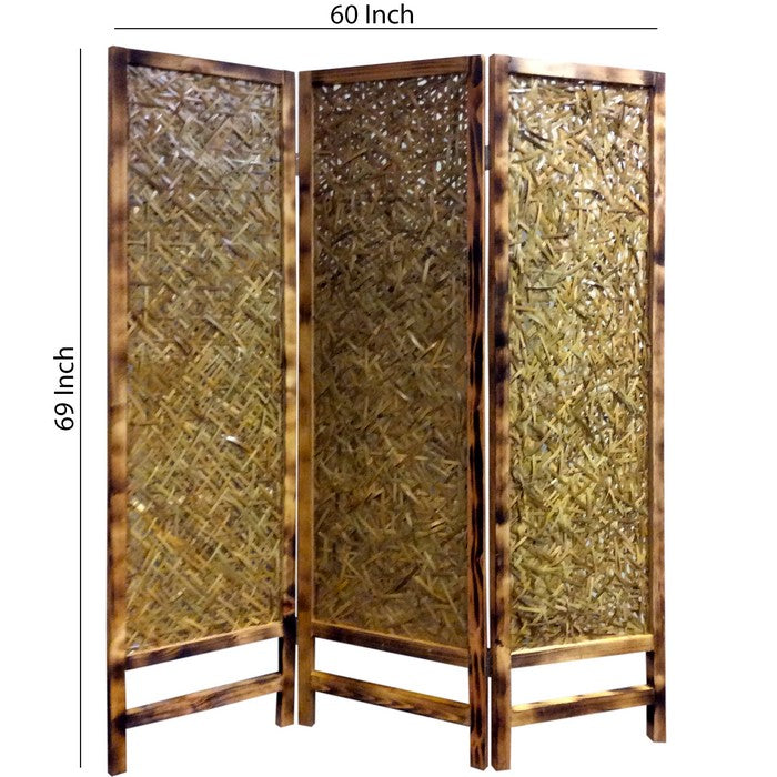 3 Panel Traditional Foldable Screen with Entwine Bamboo Design, Brown