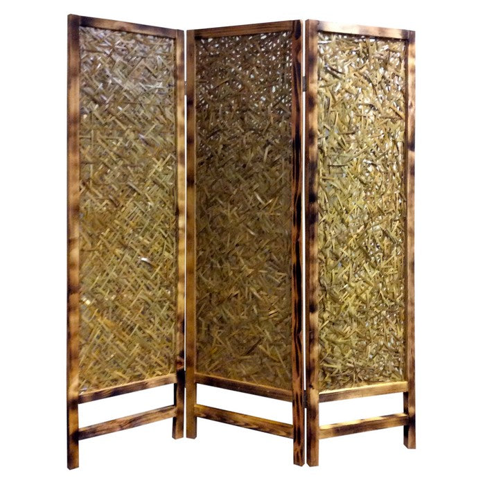3 Panel Traditional Foldable Screen with Entwine Bamboo Design, Brown