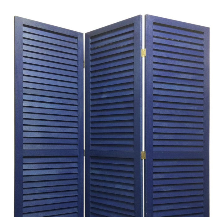 3 Panel Foldable Wooden Shutter Screen with Straight Legs, Blue