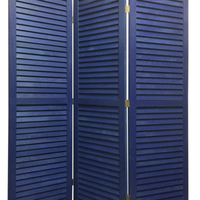 3 Panel Foldable Wooden Shutter Screen with Straight Legs, Blue