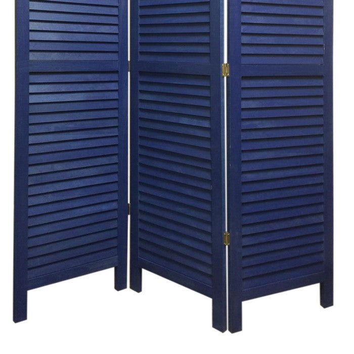 3 Panel Foldable Wooden Shutter Screen with Straight Legs, Blue