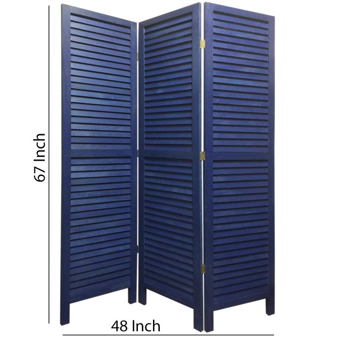 3 Panel Foldable Wooden Shutter Screen with Straight Legs, Blue