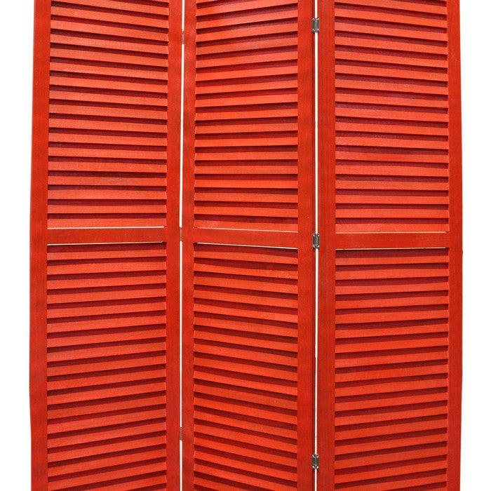 3 Panel Foldable Wooden Shutter Screen with Straight Legs, Red