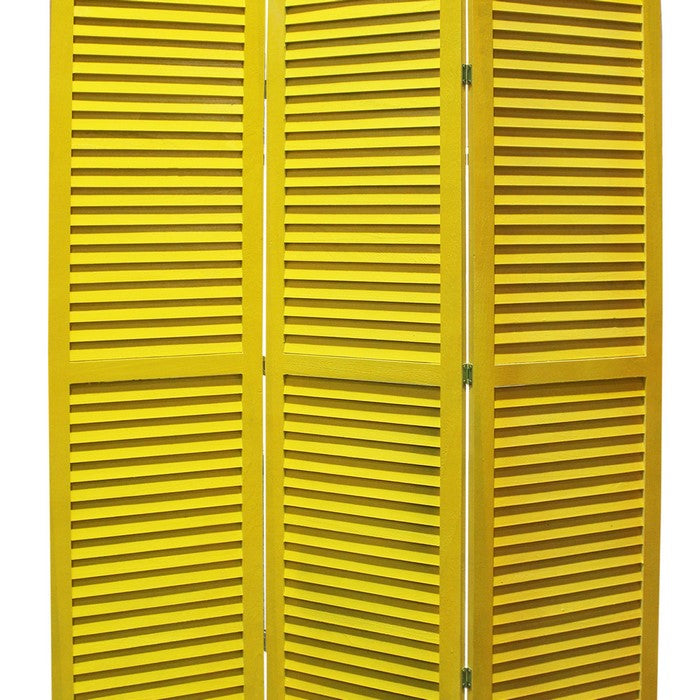 3 Panel Foldable Wooden Shutter Screen with Straight Legs, Yellow