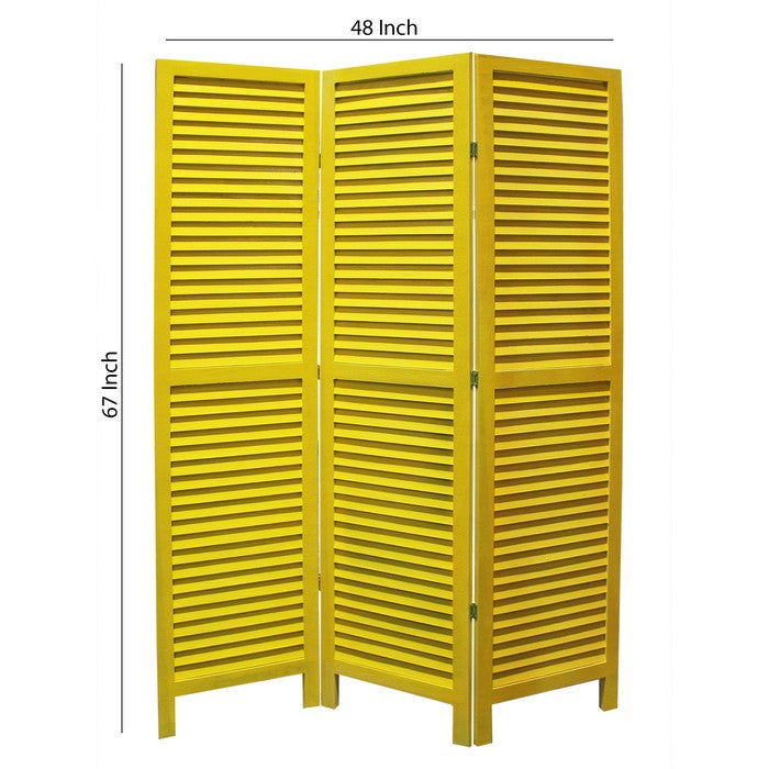 3 Panel Foldable Wooden Shutter Screen with Straight Legs, Yellow