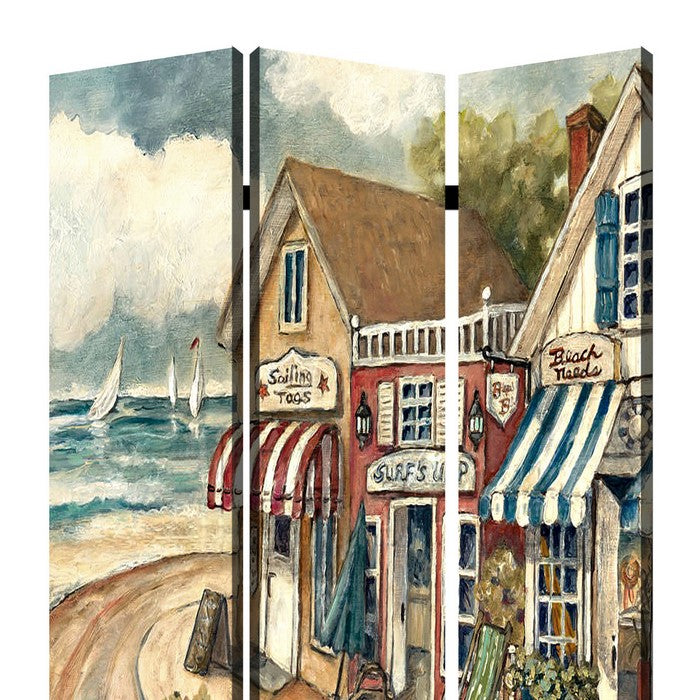 Foldable 3 Panel Canvas Screen with Seaside Town Print, Multicolor
