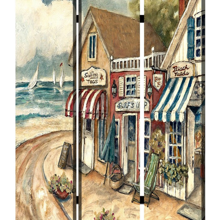 Foldable 3 Panel Canvas Screen with Seaside Town Print, Multicolor