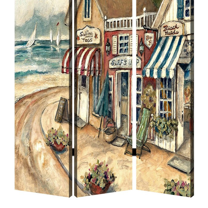 Foldable 3 Panel Canvas Screen with Seaside Town Print, Multicolor