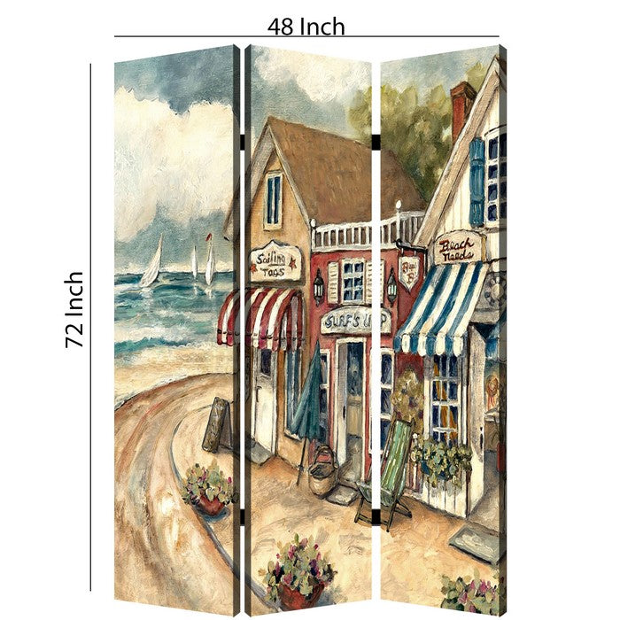 Foldable 3 Panel Canvas Screen with Seaside Town Print, Multicolor