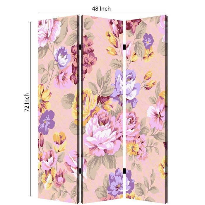 Foldable 3 Panel Canvas Screen with Floral Print, Multicolor