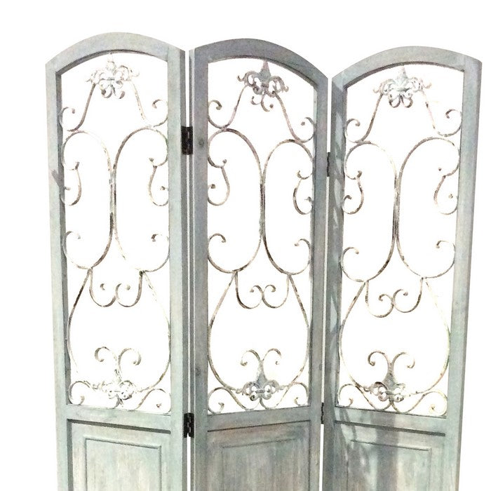 Wooden 3 Panel Foldable Screen with Metal Scrollwork Details, Blue