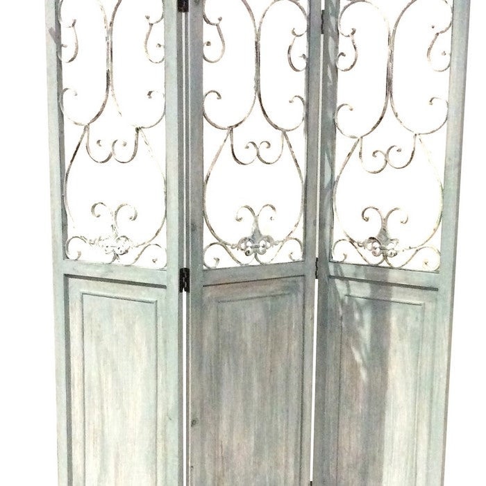 Wooden 3 Panel Foldable Screen with Metal Scrollwork Details, Blue