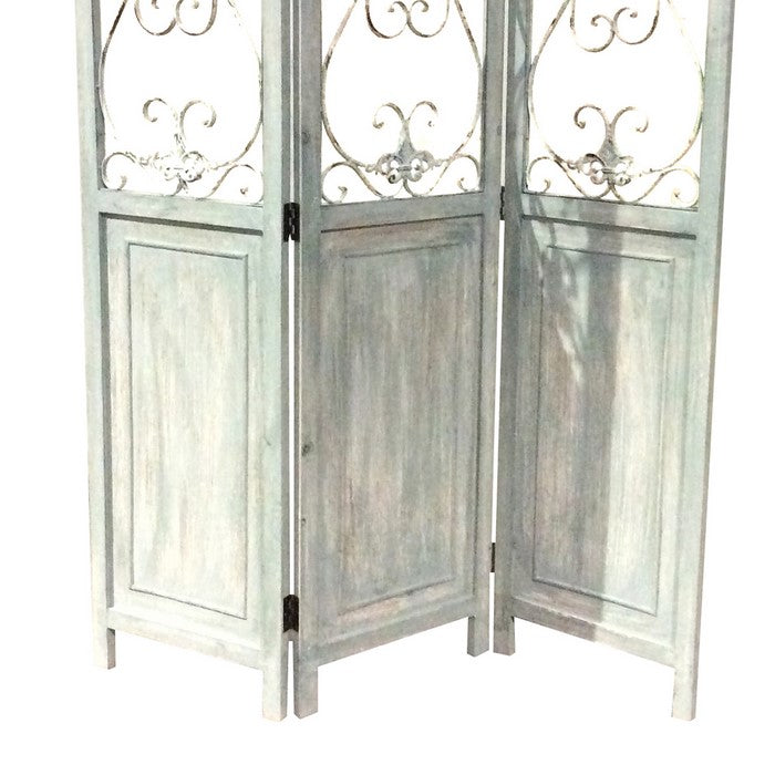 Wooden 3 Panel Foldable Screen with Metal Scrollwork Details, Blue
