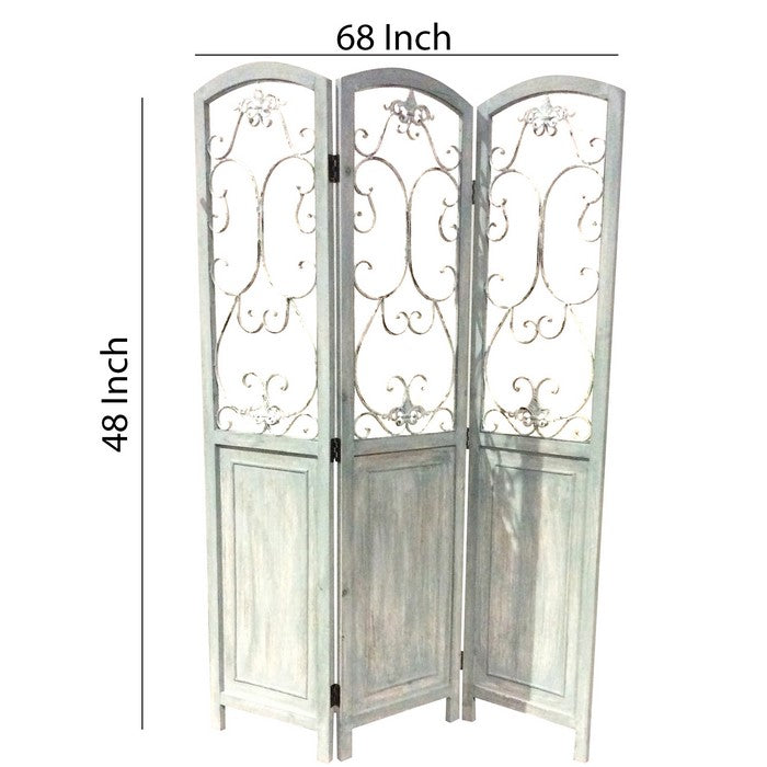 Wooden 3 Panel Foldable Screen with Metal Scrollwork Details, Blue