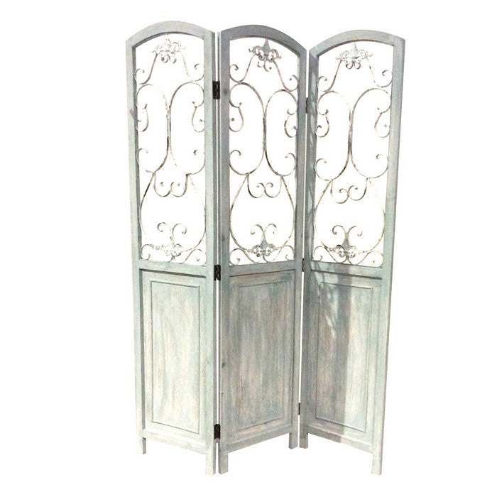Wooden 3 Panel Foldable Screen with Metal Scrollwork Details, Blue