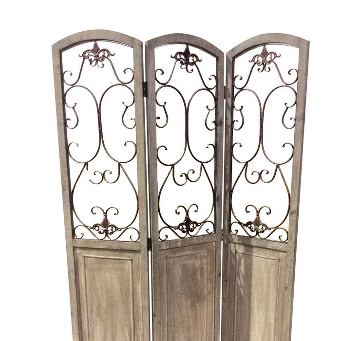 Wooden 3 Panel Foldable Screen with Metal Scrollwork Details, Brown