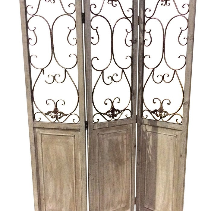Wooden 3 Panel Foldable Screen with Metal Scrollwork Details, Brown