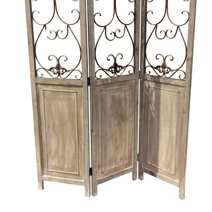 Wooden 3 Panel Foldable Screen with Metal Scrollwork Details, Brown
