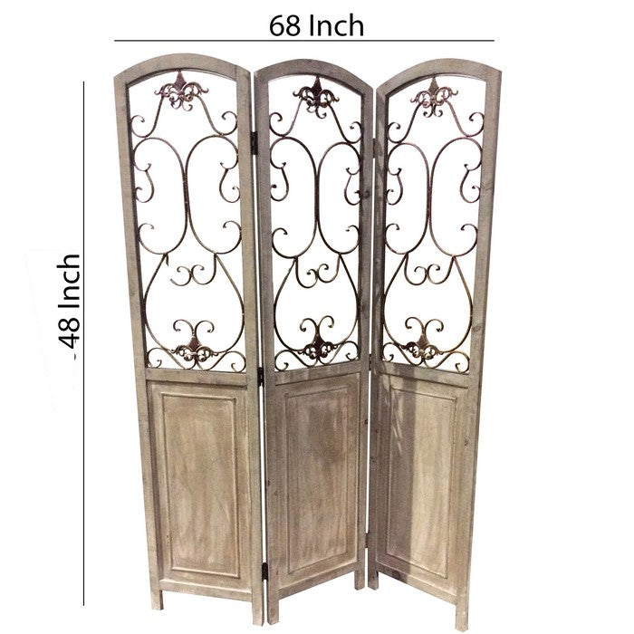 Wooden 3 Panel Foldable Screen with Metal Scrollwork Details, Brown