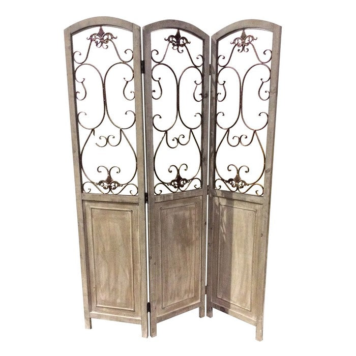 Wooden 3 Panel Foldable Screen with Metal Scrollwork Details, Brown