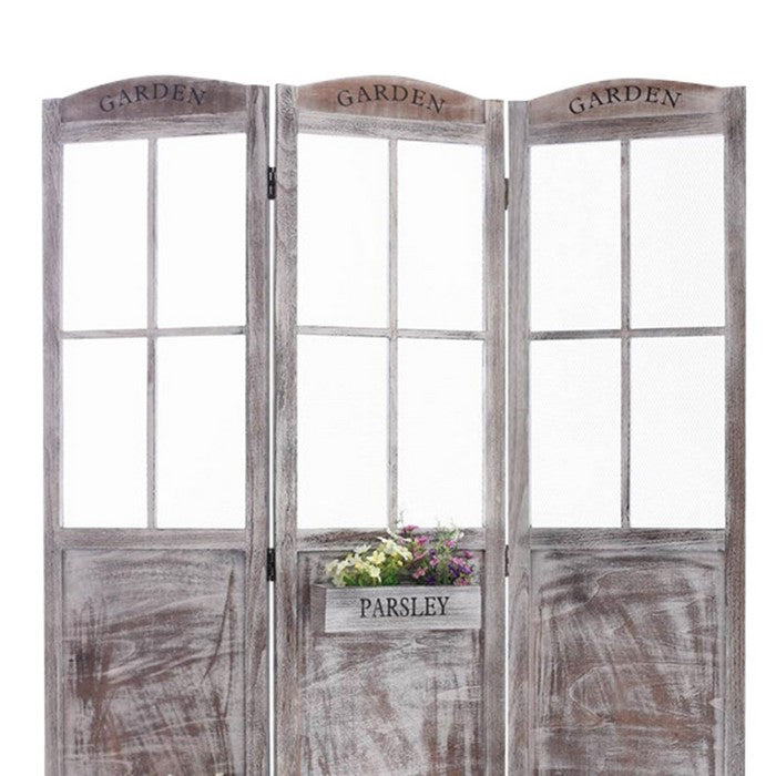 3 Panel Foldable Wooden Screen with Garden Design, Brown