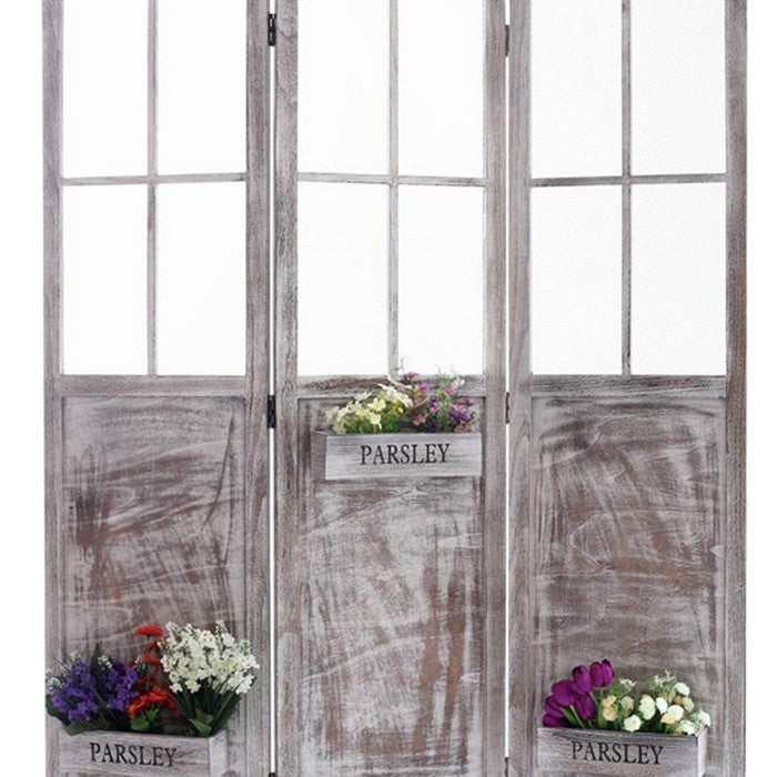 3 Panel Foldable Wooden Screen with Garden Design, Brown