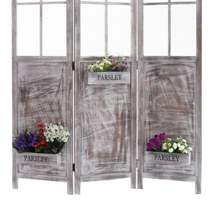 3 Panel Foldable Wooden Screen with Garden Design, Brown